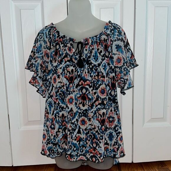 Joie De Vivre Sheer Over Black Pattern Blouse Top Shirt Orange Blue Small S NWT - Picture 1 of 3